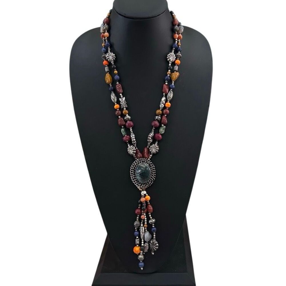 Vintage Tassel Beaded Necklace Multicolor Beads Double-strand W/ Stone Pendant